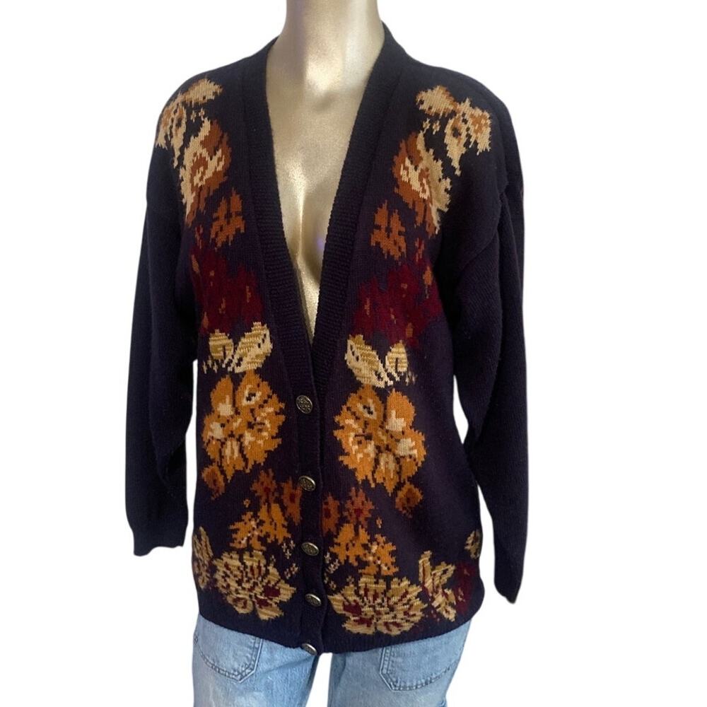 Vintage Norton McNaughton Womens Small Petite Floral Cardigan Knit Sweater USA